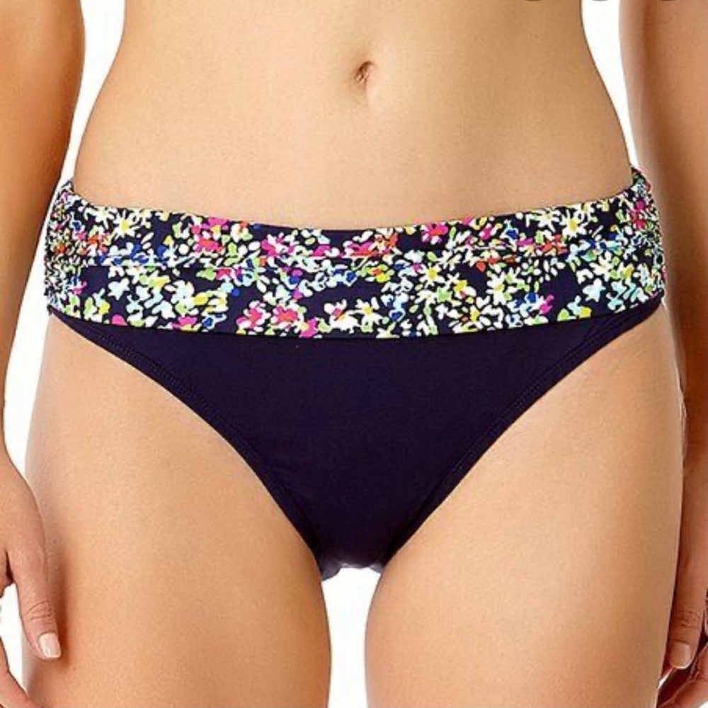 Anne Cole Navy With Floral Color Block Bottoms LG